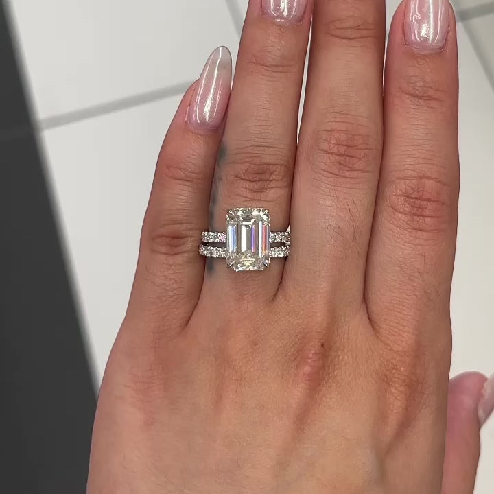 Astrid- 14K Rose Gold Emerald Cut Diamond Double Four Prong Solitaire Engagement  Ring with Pave Setting - Wedding Bands & Co.