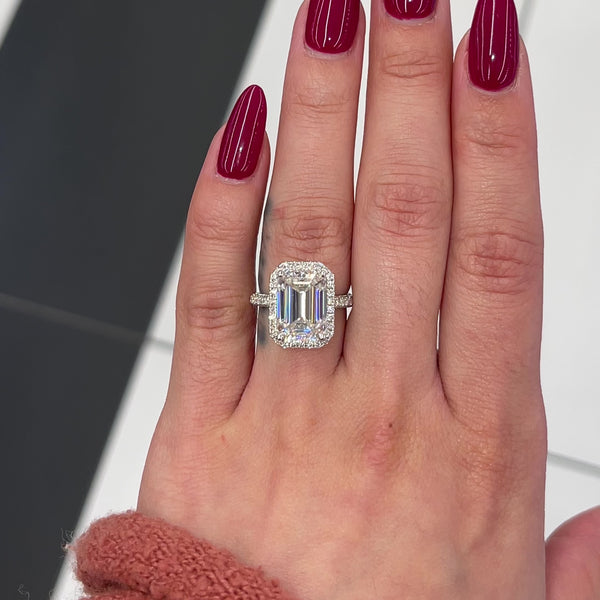 6 Ctw Emerald-Cut Halo Engagement Ring in 18K Gold