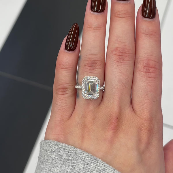 4 Ctw Emerald-Cut Halo Engagement Ring in 18K Gold