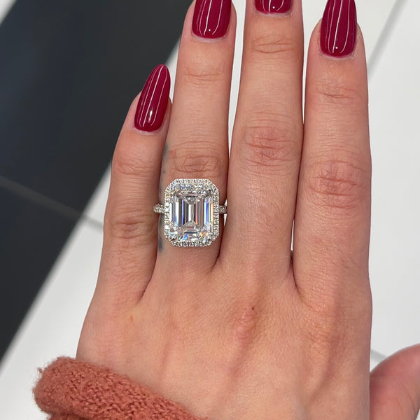 8 Ctw Emerald-Cut Halo Engagement Ring in 18K Gold