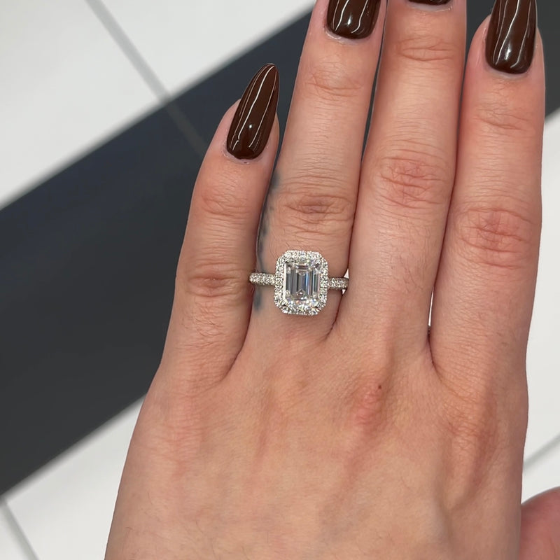 3 Ctw Emerald-Cut Halo Engagement Ring in 18K Gold